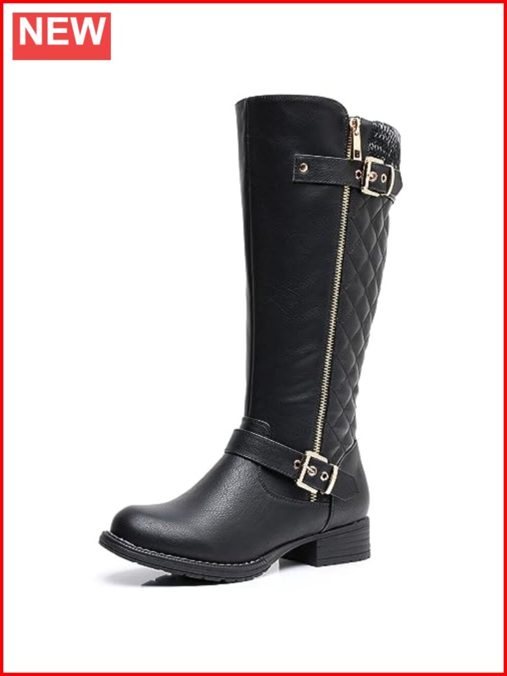Women's Quilted Knee High Boots Low Heel Faux Leather Comfort Wide Calf